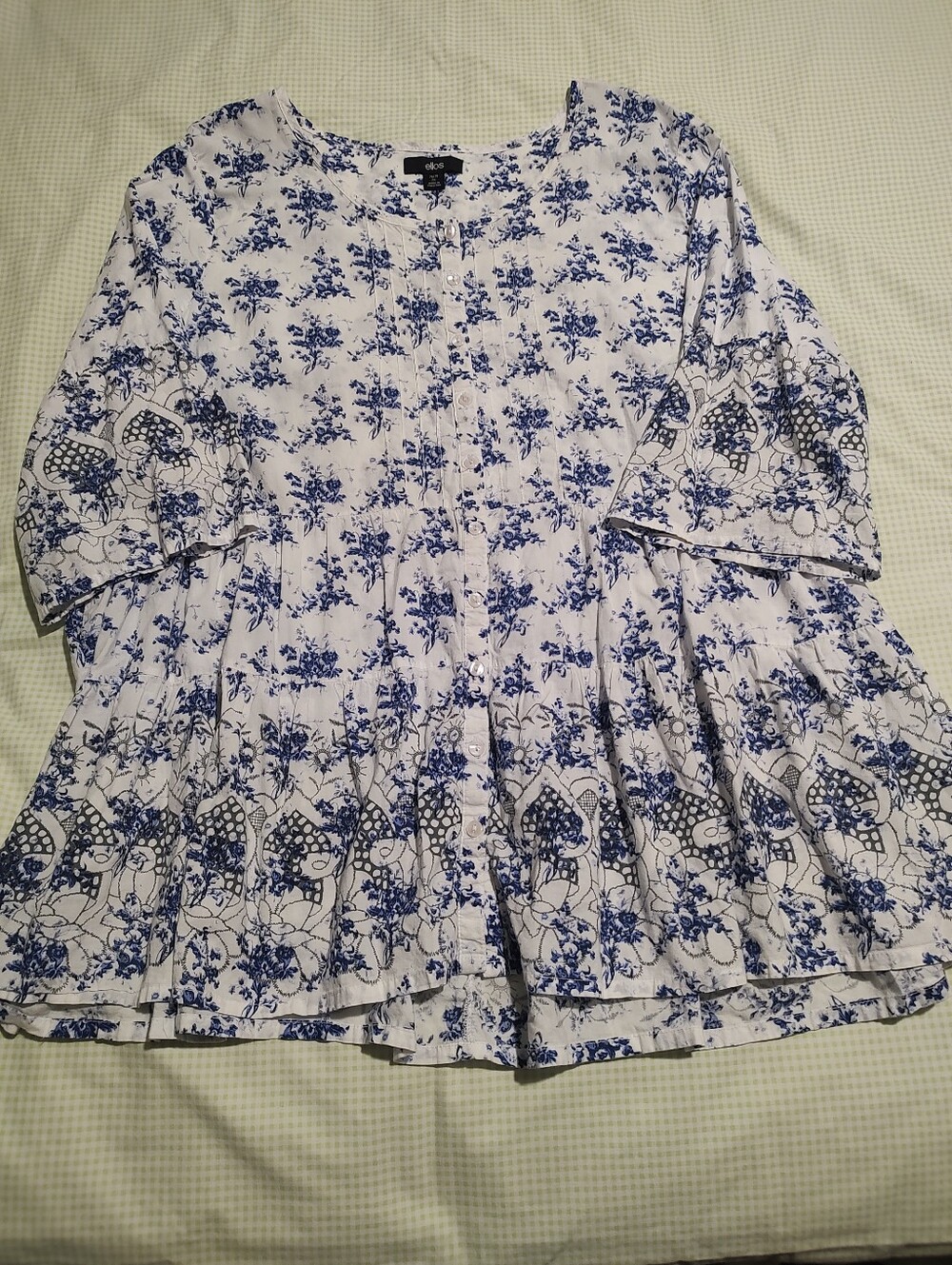 ellos White and Blue Floral Button-Front Tunic
